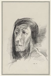 Testa incorniciata da capelli neri con occhi spalancati da Odilon Redon