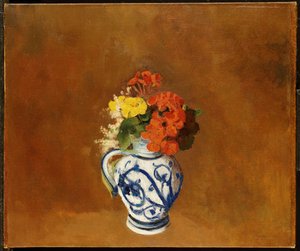 Gerani e altri fiori in un vaso di terracotta da Odilon Redon