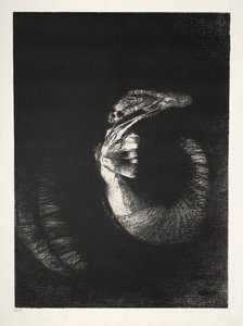 È un teschio incoronato di rose. Domina il torso di una donna di bianco perlaceo da Odilon Redon