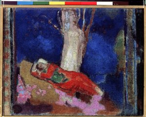 Giovane donna sdraiata sotto un albero da Odilon Redon