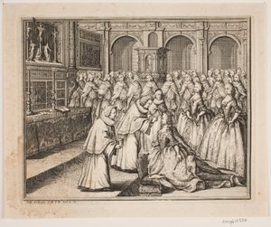 Il vescovo Hersleb unge la regina Luisa nella chiesa del castello di Frederiksborg. Illustrazione per l