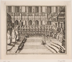 Re Federico V e la regina Luisa durante la cerimonia di incoronazione nella chiesa del castello di Frederiksborg. Illustrazione per l