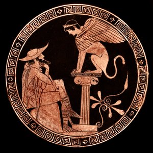 Kylix attica a figure rosse raffigurante Edipo e la Sfinge, Vulci, c.470 a.C. da Oedipus Painter (attr. to)