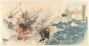 Rappresentazione della guerra cino-giapponese e la grande vittoria della marina giapponese vicino a Dagushan da Ogata Gekko