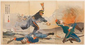 Alla battaglia di Nanshan, il tenente Shibakawa Matasaburō guidò i suoi uomini tenendo in alto un ventaglio da guerra del sole nascente da Ogata Gessan