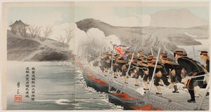 Il nostro esercito attraversa il fiume Yalu sul ponte di barche e respinge le forze nemiche per occupare finalmente Jiuliancheng da Ogata Gessan
