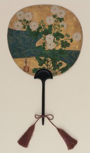 Ventaglio; da un lato Narihira e il pellegrino; dall