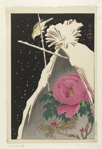 Siberian Bluechat accanto a una peonia riparata da un covone di fieno innevato da Ohara Koson