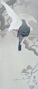 Due colombe sotto la pioggia su un ramo di un albero di Ginko da Ohara Koson