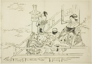 Cortigiana che intrattiene Daikoku e Fukurokuju, n. 10 da una serie di 12 stampe da Okumura Masanobu