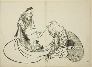 Daikoku che rivela il contenuto della borsa di Hotei, n. 2 della serie di 12 stampe da Okumura Masanobu