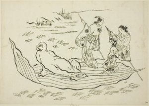 Daruma che attraversa il mare su una foglia, n. 7 da una serie di 12 stampe da Okumura Masanobu