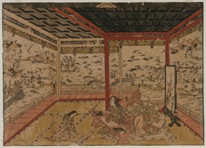 Lady Murasaki a Ishiyama con vista panoramica su sette vedute del lago Biwa, 1740