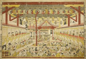 Grande quadro prospettico della performance di Kaomise sul palco Kabuki