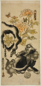 Leone e peonie da Okumura Masanobu