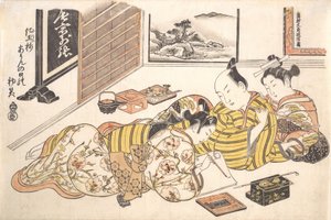 Tavola dal libro erotico Mounds of Dyed Colors: A Pattern Book for the Boudoir, ca. 1736-44 da Okumura Masanobu