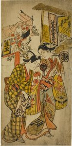 Gli attori Sanjo Kantaro II come Osome e Ichikawa Monnosuke come Hisamatsu nella commedia "Osome Hisamatsu Tamoto no Shiro Shibori," rappresentata al teatro Morita, 1720 da Okumura Masanobu