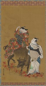 Due attori kabuki nei ruoli di una cortigiana su un bufalo d