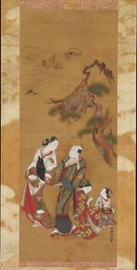Yukihira und zwei Bräutjungfern in Suma da Okumura Masanobu