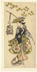Giovane donna con gabbia per uccelli da Okumura Toshinobu (attributed to)