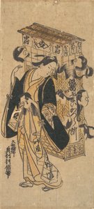Un attore con una rastrelliera di parrucche da Okumura Toshinobu