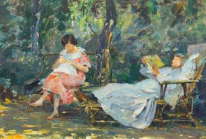 Lettura e lavoro a maglia in giardino da Olga (1881 1941) Slomszynska