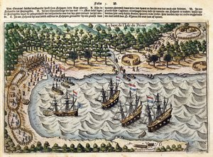 Veduta di nave olandese in porto, c.1598-1602 da Olivier van Noort