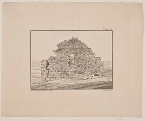 Rovine di una chiesa in Groenlandia. Illustrazione per W.A. Graah. Viaggio di esplorazione alla costa orientale della Groenlandia