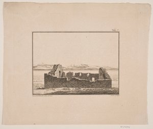 Rovine di una chiesa in Groenlandia. Illustrazione per W.A. Graah. Viaggio di esplorazione alla costa orientale della Groenlandia da Oluf Olufsen Bagge