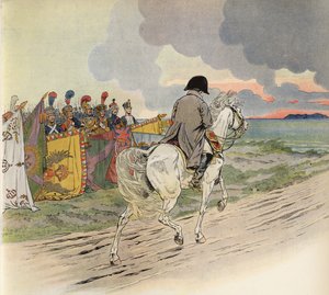 Immagine immaginaria di Napoleone a cavallo, che riceve il rispetto dei soldati d