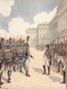 Napoleone avvicinato da un tenente nervoso durante una parata a Schoenbrunn da Onfray de Breville Job