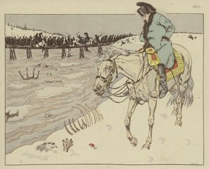 Napoleone osserva i resti della sua Grande Armée attraversare il fiume Berezina durante la ritirata da Mosca, 1812