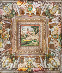 Vista del soffitto della Stanza di Adone e delle pietre commemorative dei membri della famiglia Rossi, Gonzaga, Riario e Medici, Rocca dei Rossi, San Secondo, Parma, Italia da Orazio (attr.to) Samacchini