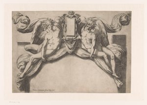 Progetto per una cornice di porta con due geni che tengono un cartiglio da Orazio de Santis (attributed to)