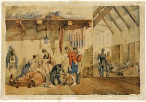 Ospedale di caserma Scutari, scena con infermiere e soldati del reggimento Highland, 1854-56 da Orlando Norie