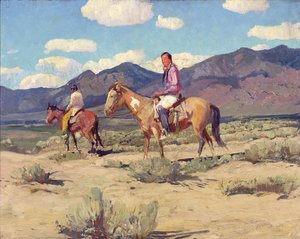 Braves of the Taos Mountains (olio su tavola) da Oscar Edward Berninghaus