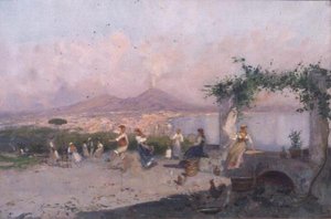 La baia di Napoli con figure che danzano in primo piano da Oscar Ricciardi
