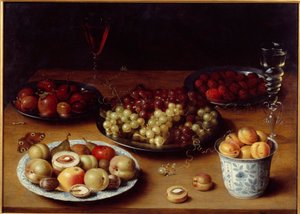 Natura morta di frutta e bicchiere