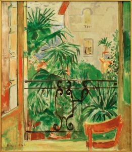 Vista dal balcone su palme e casa, Abbazia
