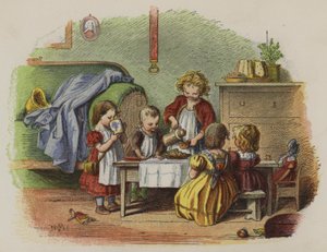 Gruppo di bambine che giocano a prendere il tè (litografia a colori)