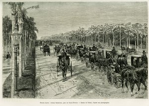 Buenos Aires, Avenida Sarmiento, Parco Tre Febbraio. Incisione di Tofani, per illustrare la storia Viaggio alla Plata, nel 1886, di Emile Daireaux, in Le Tour du monde 1888, diretto da Edouard Charton (1807-1890), Hachette, Parigi.