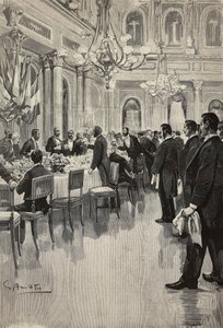 Diplomatici italiani che brindano insieme, Parigi, Francia, incisione da disegno di Gennaro Amato, da schizzo di Osvaldo Tofani, da L