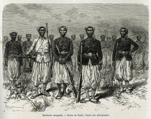Cavalieri senegalesi della scorta della spedizione. Incisione di Tofani, per illustrare la storia dell