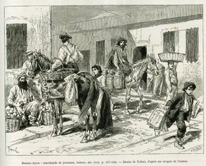 Piccole imprese, venditori di giornali, latterie, venditori di frutta ecc... nelle strade di Buenos Aires (Argentina). Incisione di Tofani per illustrare la storia Voyage a la Plata, tre mesi di vacanza di Emile Blaireaux nel 1886, in le tour du monde 1887