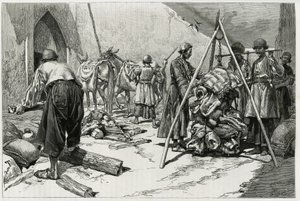 La pesatura dei bagagli prima della partenza della spedizione nuziale Delafoy. Incisione di Tofani, per illustrare la storia 
