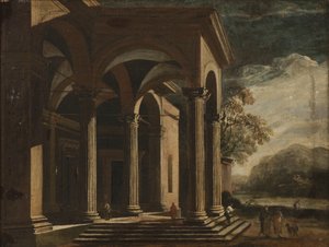 Fantasia architettonica di un palazzo in un paesaggio da Ottavio Viviani