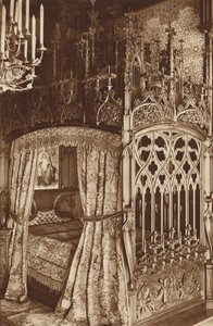 Castello di Neuschwanstein del re bavarese, letto gotico della camera da letto da Otto Ballerstedt