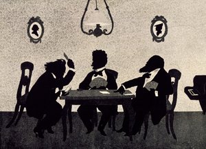 Partita a carte tra Johannes Brahms, Richard Strauss e Hans Richter, silhouette nera di Otto Bohler da Otto Bohler
