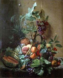 Natura morta con melone, prugne, pesche
