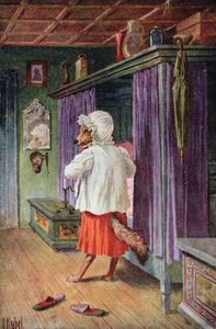 Cartolina che raffigura il lupo travestito da nonna di Cappuccetto Rosso da Otto Kubel